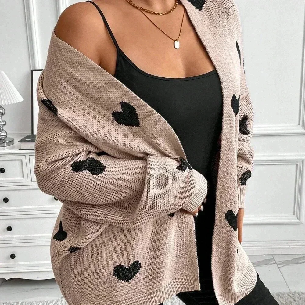 Coffee Brown Casual Women's Plus Size Heart Print Knitted Loose Cardigan